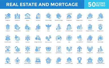 Real estate and mortgage icon set with home buying, property search, house hunting, real estate investment, open house, listing agent, closing process, home inspection icon. Simple retro vector 
