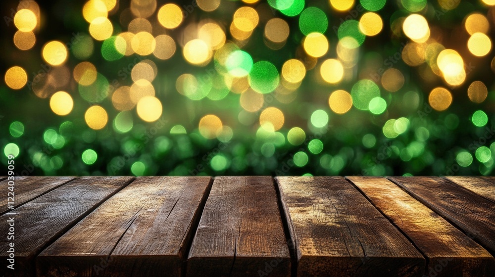 Poster empty wooden tabletop against a blurred bar background with bokeh effect and green and yellow light 