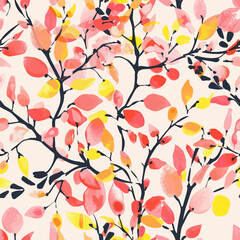 Cute small floral tree branches with leaves in pink, yellow, and red watercolor floral seamless pattern. Watercolor print in rustic vintage style, textile or wallpapers.