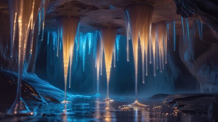 Frozen Cave Wonders: A breathtaking view of a cavern adorned with glistening ice formations, shimmering in the ethereal light. The intricate patterns of ice, sculpted by time.