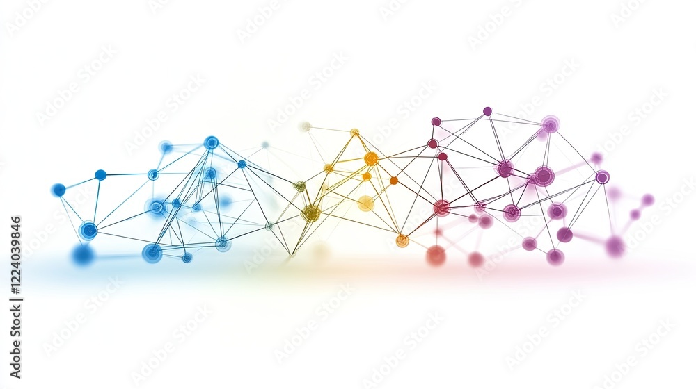 Poster abstract polygonal mesh network in gradient rainbow hues, evoking technology and connectivity themes