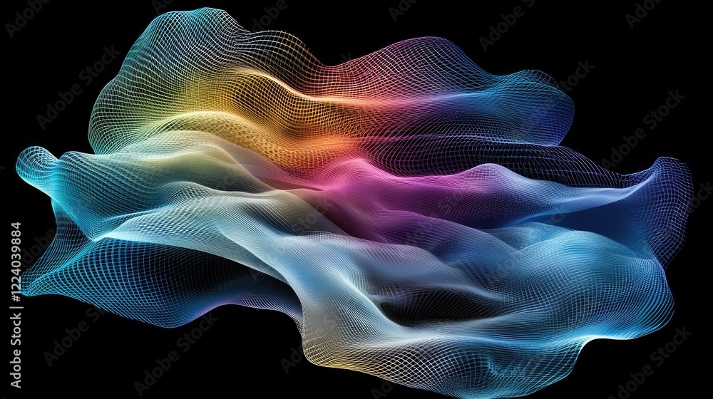Poster abstract polygonal mesh network in gradient rainbow hues, evoking technology and connectivity themes