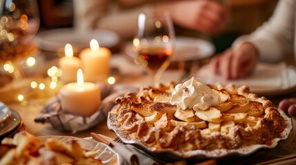 Fototapeta premium A classic American apple pie served at a family dinner table, topped with whipped cream and cinnamon, under warm lighting.