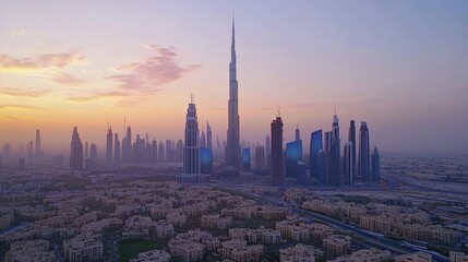 Obraz premium Aerial view of a modern cityscape at sunrise, showcasing skyscrapers and soft orange light illuminating the horizon.