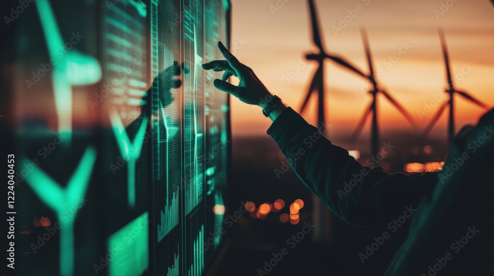 Aufkleber digital interface for data analysis with wind turbines at sunset in background, technology and envir