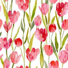 Obraz premium Cute pink tulips watercolor floral seamless pattern. Watercolor print in rustic vintage style, textile or wallpapers.