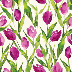 Obraz premium Cute tulips in shades of purple and green watercolor floral seamless pattern. Watercolor print in rustic vintage style, textile or wallpapers.