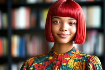 Fototapeta premium Short coiffure - red hair. Attractive smiling black girl - for ads, advertisement and internet marketing use. Commercial commercial idea. African american campaign. Fashion model campaign.