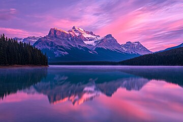 Fototapeta premium Serene mountain landscape at dawn, reflecting vibrant colors in calm lake, surrounded by lush trees