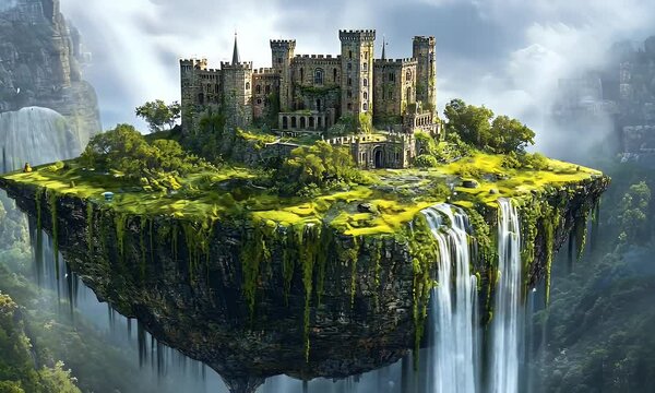 Floating castle island waterfall fantasy game background
