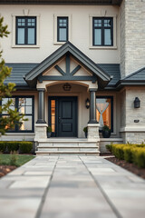 Obraz premium Luxury Home Exterior: Modern Architecture and Curb Appeal. Stunning design, featuring a stone facade, grand entrance, and meticulous landscaping.