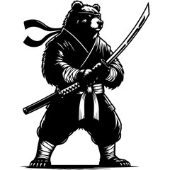 Obraz premium Ninja fighter grizzly armed with katana sword in fighting stance in monochrome. Wild bear animal warrior. Tattoo minimalistic in black ink drawing on white background