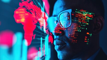 Intelligent businessman analyzing futuristic data against a digital world map in vibrant neon colors