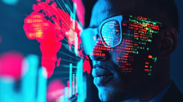 Intelligent businessman analyzing futuristic data against a digital world map in vibrant neon colors - Powered by Adobe