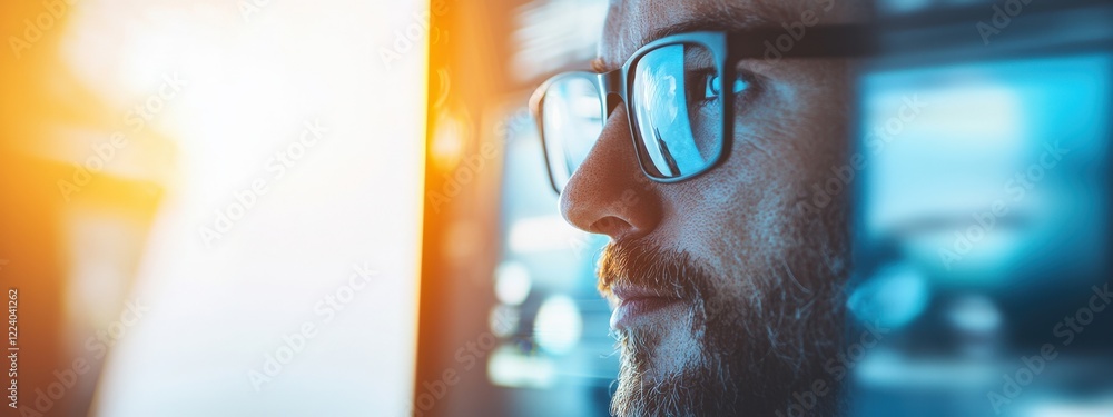 Poster focused man with glasses engaged in digital work looking at computer screen in warm light setting
