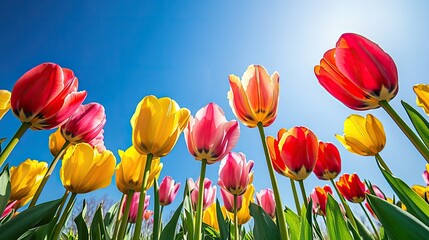 Fototapeta premium A colorful tulip field in full bloom, with neat rows of red, yellow, and pink flowers under a clear blue sky.