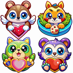 Fototapeta premium Four adorable cartoon animals holding hearts.