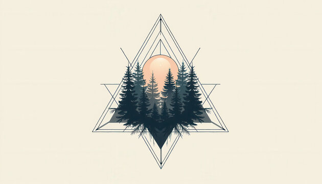 Geometric Forest Tattoo with Triangle and Sunset