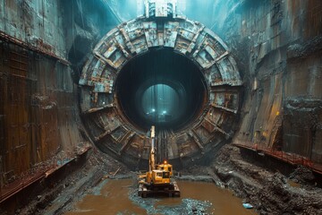 Fototapeta premium Unveiling the Immense Subterranean Subway Tunnel Construction Beneath the Cityscape