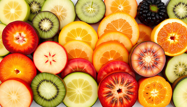 Collection of fresh fruit and vegetable slices, colourfull, line up per piece, ready to eat, make fruit salad