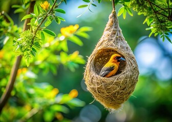 Baya Weaver Bird's Nest Hanging on Tree Branch - Stock Photo