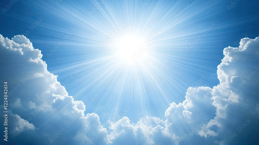Poster a partially cloudy sky at midday, with sunlight piercing through gaps in the clouds, creating rays o
