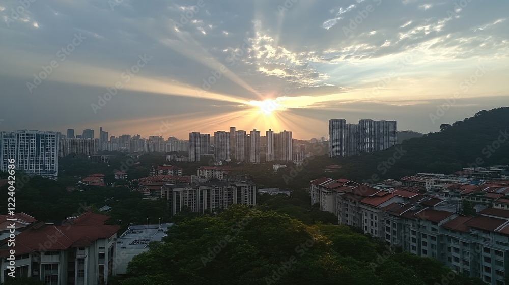 Poster a partially cloudy sky at midday, with sunlight piercing through gaps in the clouds, creating rays o
