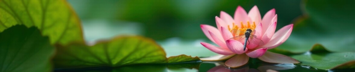Soft, velvety reed fronds surrounding a delicate dragonfly case, insect photography, water lily