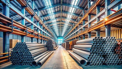 Naklejka premium Industrial Steel Pipes: Minimalist Warehouse Stock Photo
