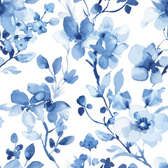 Cute flowers in indigo blue watercolor floral seamless pattern. Watercolor print in rustic vintage style, textile or wallpapers.