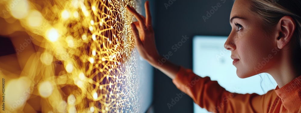 Aufkleber woman exploring abstract digital connections on a touchscreen with bright glowing patterns and visua