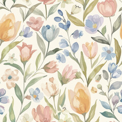 Cute tulips and wildflowers on a cream background watercolor floral seamless pattern. Watercolor print in rustic vintage style, textile or wallpapers.