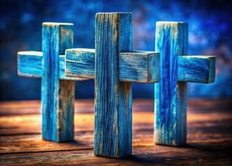 Obraz premium Macro Photography: Three Blue Crosses with Central White Highlight - Spiritual Symbolism