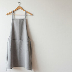 A grey apron hanging on a wooden hanger against a neutral background. Copy space