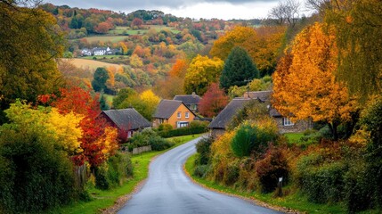 Obraz premium A rural village surrounded by vibrant autumn foliage, with quaint homes and a small country road.