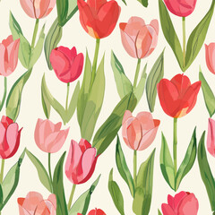 Cute tulips in shades of pink and red, with green leaves 
 watercolor floral seamless pattern. Watercolor print in rustic vintage style, textile or wallpapers.