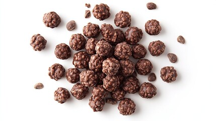 Fototapeta premium Chocolate crisps scattered on white background, studio shot, food photography, recipe ingredient