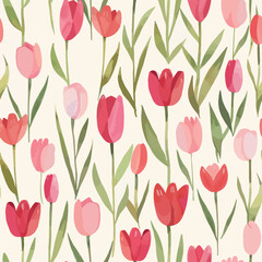 Cute tulips in shades of pink and red, with green leaves 
 watercolor floral seamless pattern. Watercolor print in rustic vintage style, textile or wallpapers.