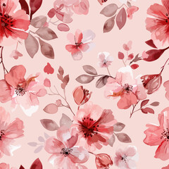 Cute blush pink and burgundy floral watercolor floral seamless pattern. Watercolor print in rustic vintage style, textile or wallpapers.
