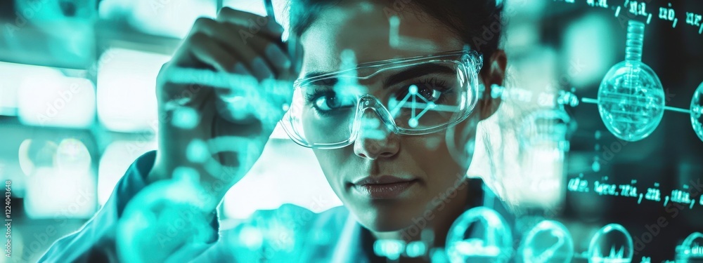 Poster focused female scientist analyzing data with transparent screen in modern laboratory environment