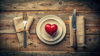 Vintage Heart Health Concept with Red Heart, Plate, Knife, and Fork - Symbolizing Nutrition, Wellness, and Love for the Heart, Promoting Healthy Eating Habits and Lifestyle Choices