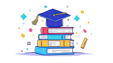 A stack of books with a graduation cap on top, symbolizing the completion of an educational goal.