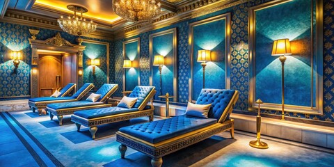 Obraz premium Vintage Luxury Spa Relaxation Room: Blue Gold Loungers, Retro Aesthetic