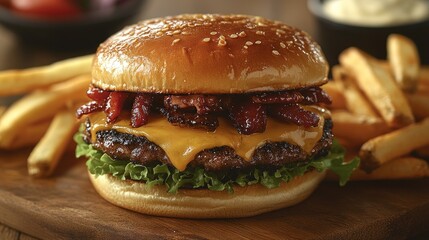 Juicy bacon cheeseburger fries wood table restaurant