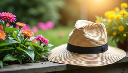 Gardening Hat on Wooden Table with Flowers