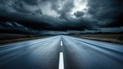 A wide highway under a dramatic cloudy sky, with mountains faintly visible in the distance.