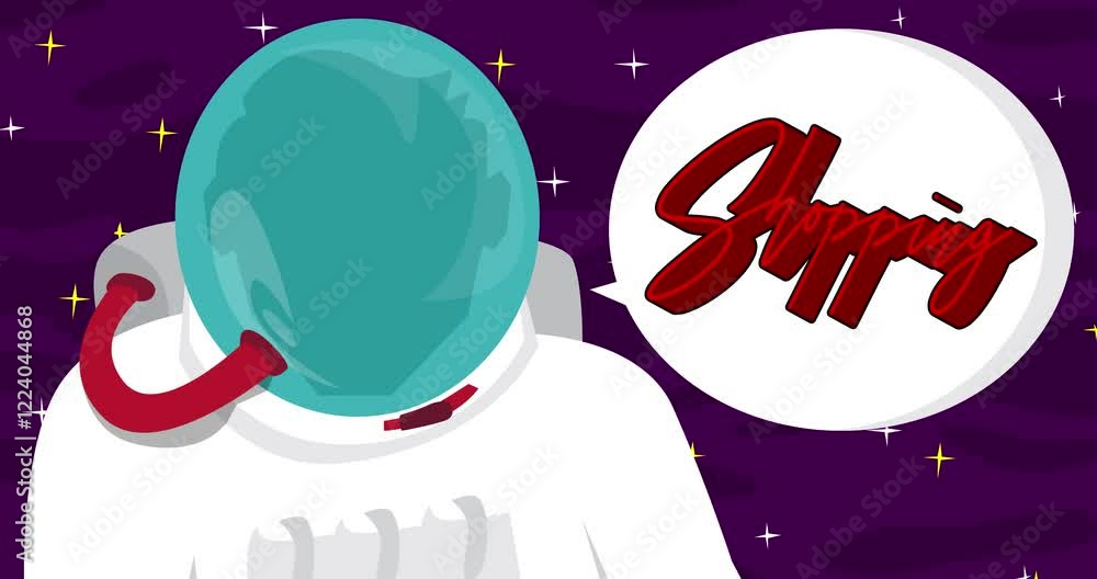 Poster astronaut in space with shopping text. abstract cartoon animation. 4k hd format resolution video.