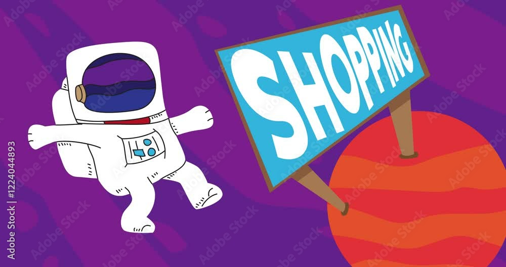 Poster astronaut in space with shopping text. abstract cartoon animation. 4k hd format resolution video.