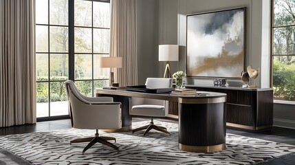 Elegant Modern Home Office Desk Design With Artwork