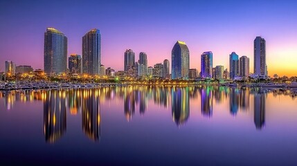 Obraz premium Downtown skyline viewed from a waterfront, with calm waters mirroring city lights.